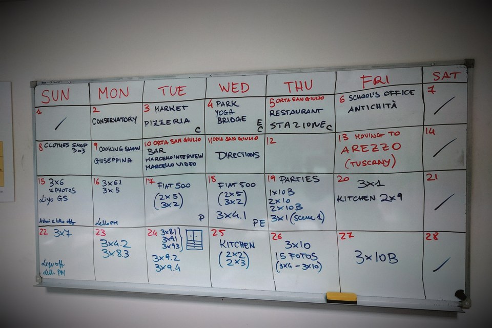 Production planning whiteboard photographed in a grainy documentary style